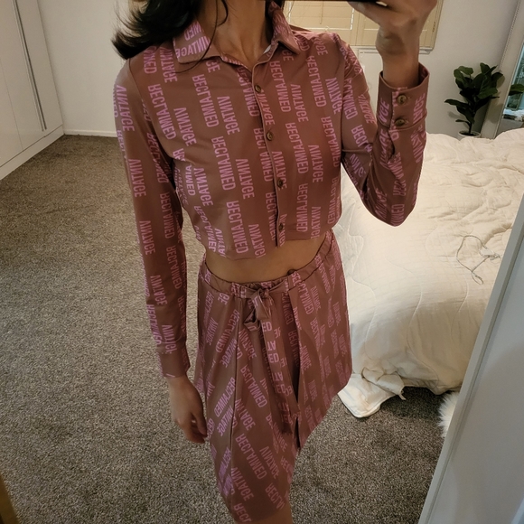 ASOS Reclaimed Vintage Set Button Down Tie Mini Skirt A Line Pink Mauve - Picture 2 of 12